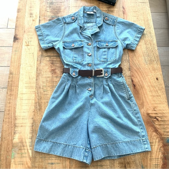 Bill Blass Vintage 90’Blue Denim Stretch Waist Pleated Romper Jumper Sz Medium - Picture 2 of 15